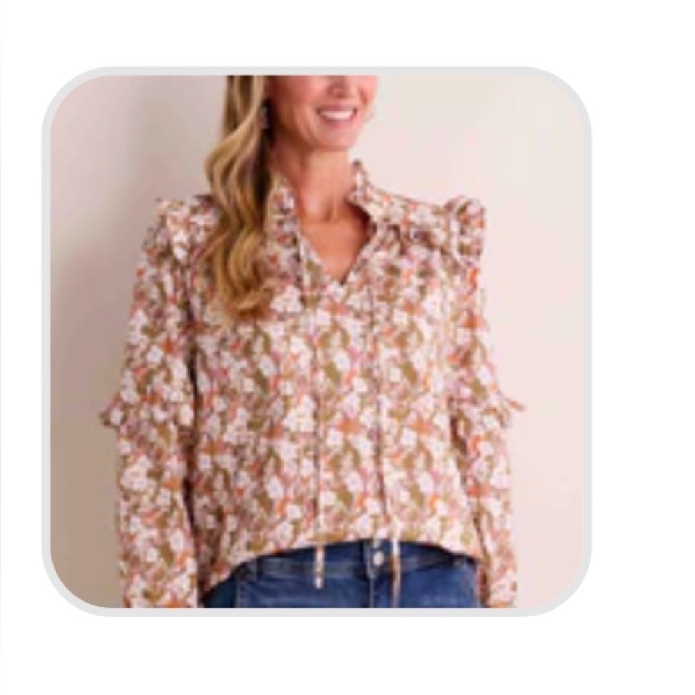 Fate Floral Ruffle-Trim Blouse in Beige, White and Rust